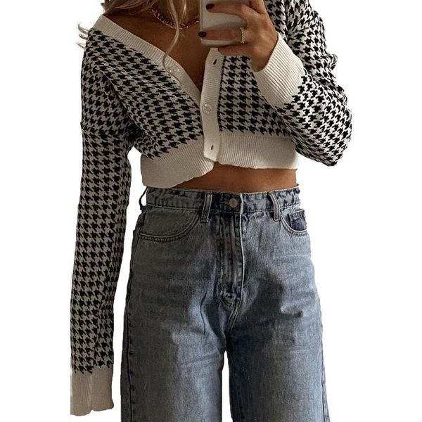 female crop women houndstooth print v-neck long sleeve single-breasted coat blouse for fall black white loose short t-shirt, White;black
female crop women houndstooth print v-neck long sleeve single-breasted coat blouse for fall black white loose short t-shirt, White;black