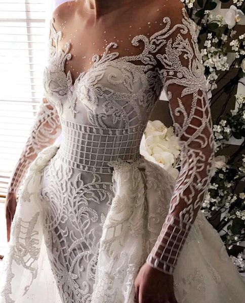 luxury beading mermaid wedding dresses with detachable train sheer jewel neck bridal gowns appliqued tulle long sleeves wedding dress, White
luxury beading mermaid wedding dresses with detachable train sheer jewel neck bridal gowns appliqued tulle long sleeves wedding dress, White