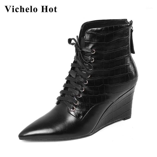vichelo new genuine leather pointed toe high heel wedges european style office lady daily wear cross-tied ankle boots l381, Black
vichelo new genuine leather pointed toe high heel wedges european style office lady daily wear cross-tied ankle boots l381, Black
