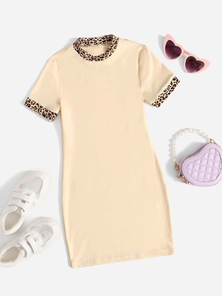 girls colorblock leopard print contrast trim dress she, Red;yellow 
girls colorblock leopard print contrast trim dress she, Red;yellow