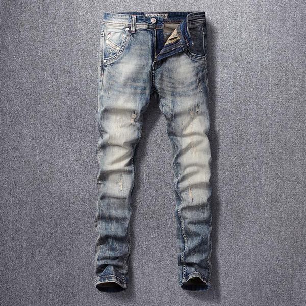 men's jeans italian style fashion men slim fit retro ripped denim cotton pants vintage designer distressed long trousers, Blue
men's jeans italian style fashion men slim fit retro ripped denim cotton pants vintage designer distressed long trousers, Blue