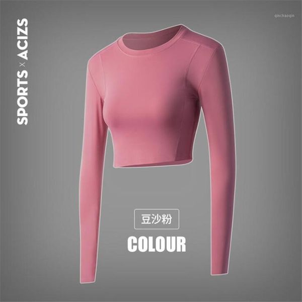 yoga outfits crop t shirt women long sleeve fitness breathable quick-dry gym running sport tee femme 1, White;red