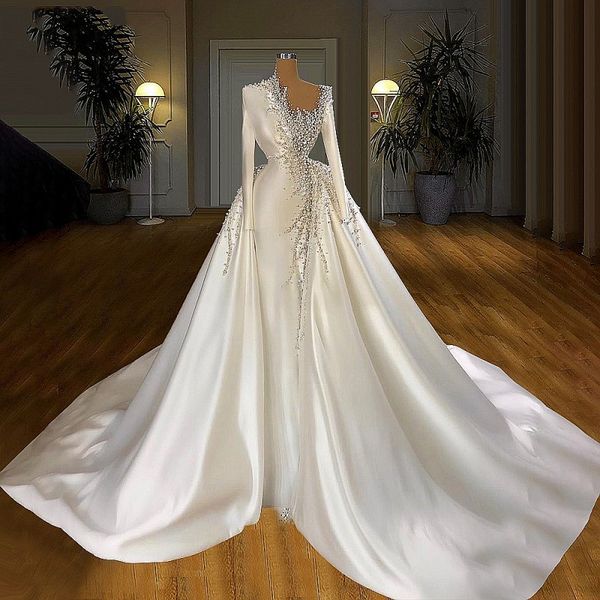major pearls beadings overskirts mermaid wedding dresses with detachable train satin long bridal dress muslim gowns vestidos de novia, White
major pearls beadings overskirts mermaid wedding dresses with detachable train satin long bridal dress muslim gowns vestidos de novia, White