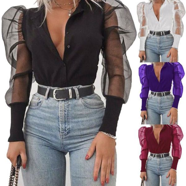 women casual see through sheer mesh patchwork button solid color puff long sleeve t-shirt t shirt, White
women casual see through sheer mesh patchwork button solid color puff long sleeve t-shirt t shirt, White