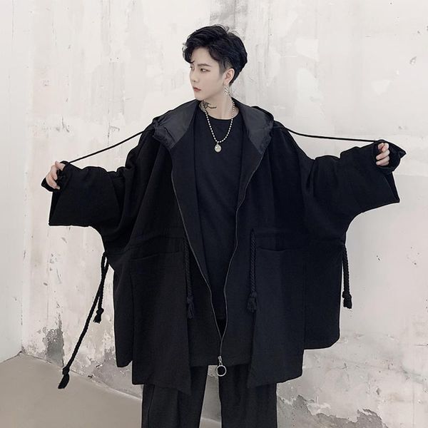 men's trench coats a120dark autumn and winter three-dimensional big pocket bat sleeve loose hooded windbreaker trendy male jacket ., Tan;black