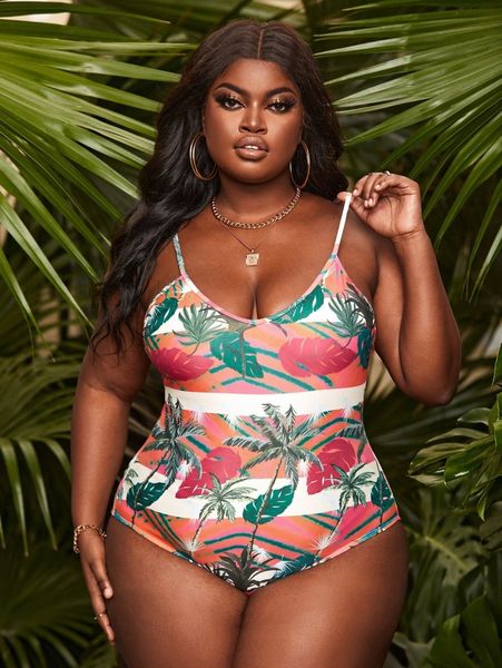 plus allover plant print one piece swimsuit 996q#, Black 
plus allover plant print one piece swimsuit 996q#, Black