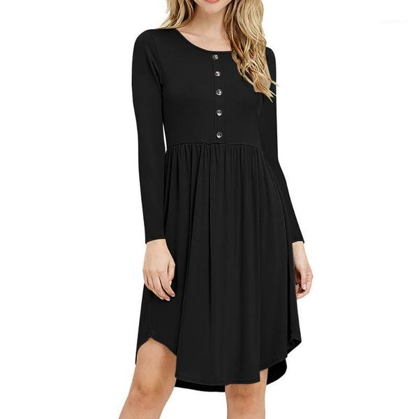pleated casual women dress a line loose fit knee length long sleeve large hem autumn winter crew neck elastic waist button swing1, Black;gray
pleated casual women dress a line loose fit knee length long sleeve large hem autumn winter crew neck elastic waist button swing1, Black;gray