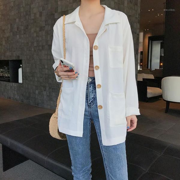 women's blouses & shirts 2021 women spring summer blouse casual loose single breasted pockets soft female wild cf0181, White
women's blouses & shirts 2021 women spring summer blouse casual loose single breasted pockets soft female wild cf0181, White