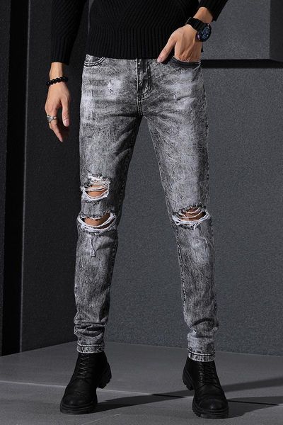 men's jeans casual slim water washing edge grinding ripped smoke grey trousers, Blue
men's jeans casual slim water washing edge grinding ripped smoke grey trousers, Blue
