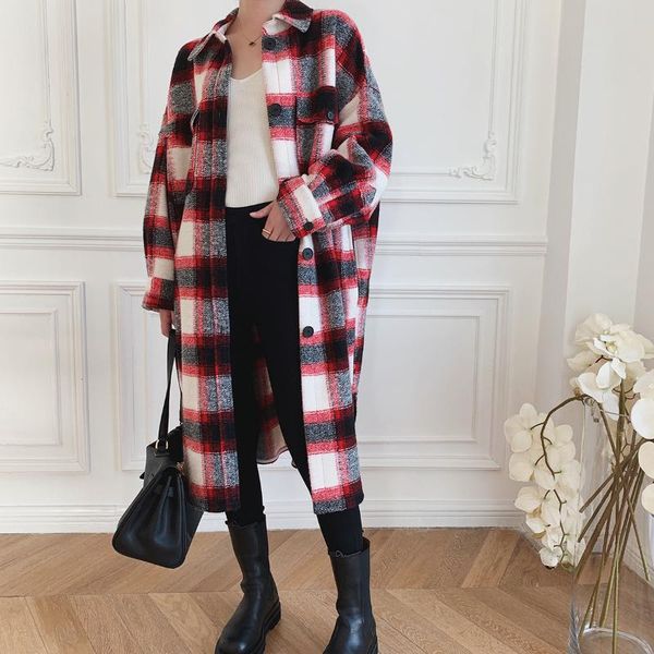 women's wool & blends women coat 2021 autumn and winter plaid classic long, Black