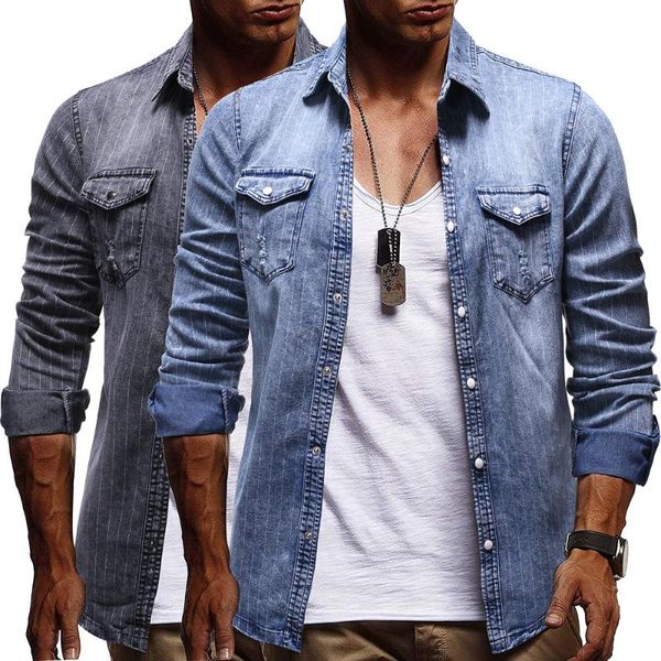 new men's fashion striped shirt denim long sleeve shirt outdoor tooling denim, White;black
new men's fashion striped shirt denim long sleeve shirt outdoor tooling denim, White;black