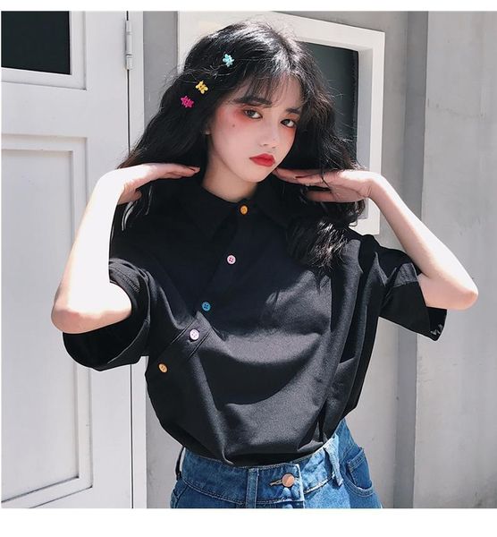 2020 summer women korean version t shirt female kawaii cute irregular button sweet solid color lapel female harajuku clothes, White
2020 summer women korean version t shirt female kawaii cute irregular button sweet solid color lapel female harajuku clothes, White