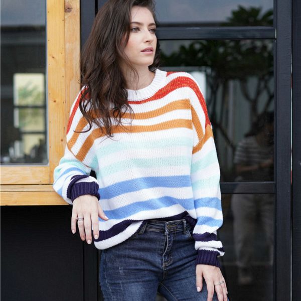 2020 autumn winter rainbow hit color stripes european and american jersey around the neck women's cardigan sweater, White;black
2020 autumn winter rainbow hit color stripes european and american jersey around the neck women's cardigan sweater, White;black