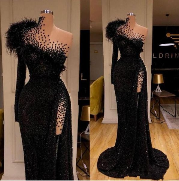 sparkly luxury black sheath evening dresses high collar beaded feather split prom dress formal dress special occasion party gowns
sparkly luxury black sheath evening dresses high collar beaded feather split prom dress formal dress special occasion party gowns