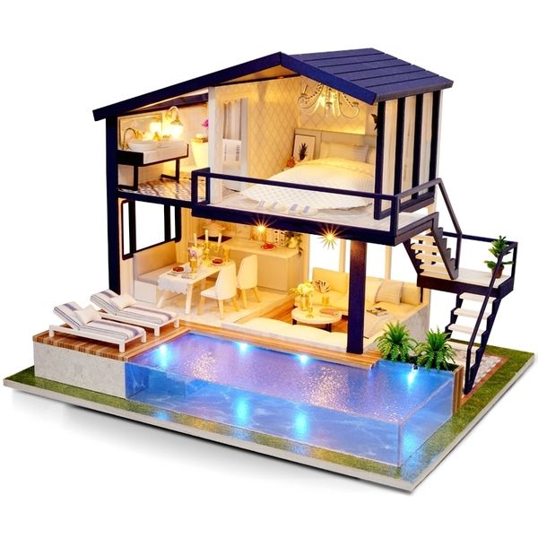 Doll House Wooden Furniture Diy House Miniature Box Puzzle Assemble 3d Miniaturas Dollhouse Kits Toys For Children Birthday Gift Y200413