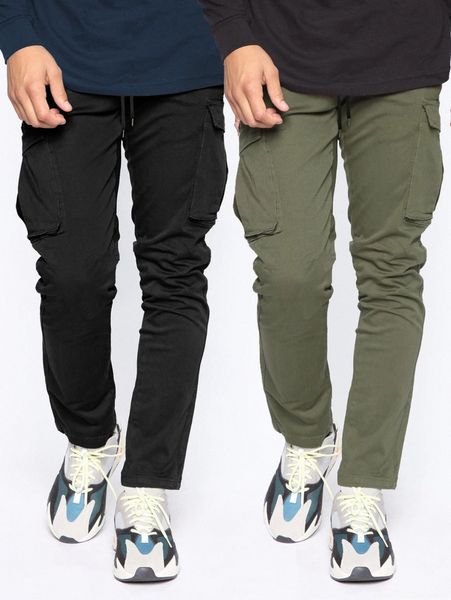 men 2pcs flap pocket drawstring waist pants w0l3#, Black
men 2pcs flap pocket drawstring waist pants w0l3#, Black