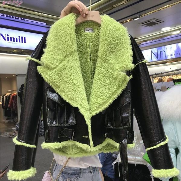 women's down & parkas 2021 winter pu leather avocado green lamb fur patchwork jacket with belt large lapel thick motocycle coat short w, Black
women's down & parkas 2021 winter pu leather avocado green lamb fur patchwork jacket with belt large lapel thick motocycle coat short w, Black