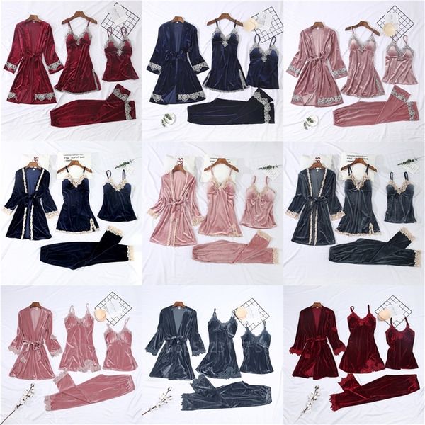 12style 4pcs women pajamas sets winter thicken warm velvet embroidery lace home wear robes clothing with chest pads sleepwear y200708, Black;red
12style 4pcs women pajamas sets winter thicken warm velvet embroidery lace home wear robes clothing with chest pads sleepwear y200708, Black;red