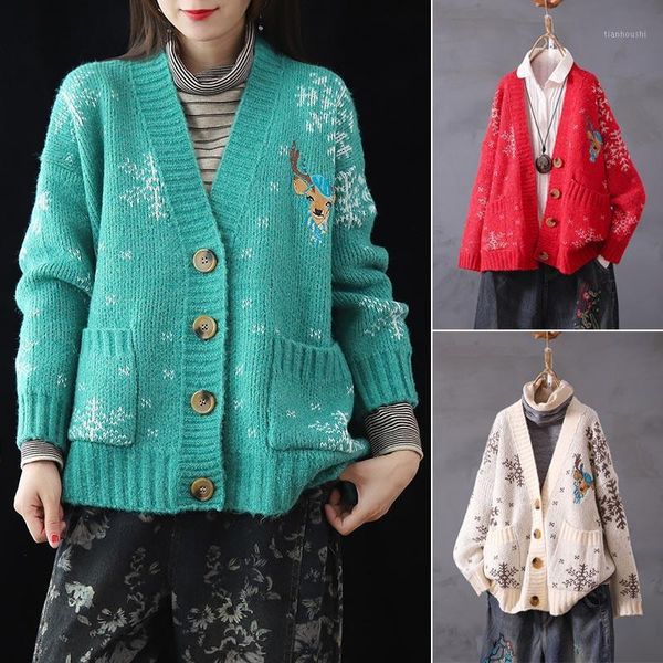 new arrival women long sleeve cardigan cartoon deer snowflake embroidery sweater button down outwear1, White
new arrival women long sleeve cardigan cartoon deer snowflake embroidery sweater button down outwear1, White