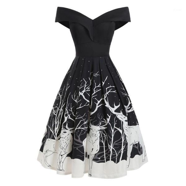 40# women big swing christmas elk print dress off shoulder evening party dress plus size sleeveless elegant xmas robe1, Black;gray
40# women big swing christmas elk print dress off shoulder evening party dress plus size sleeveless elegant xmas robe1, Black;gray