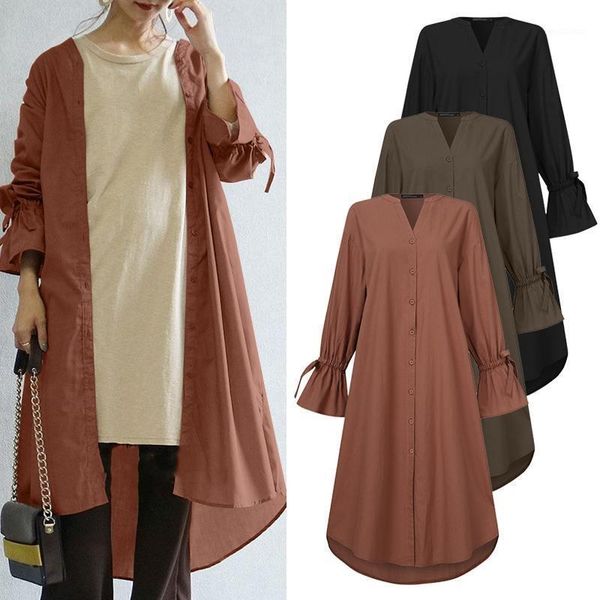 women solid spring blouse coat 2020 zanzea kaftan shirts flare sleeve shirts female v neck casual blusas oversized button tunic1, White 
women solid spring blouse coat 2020 zanzea kaftan shirts flare sleeve shirts female v neck casual blusas oversized button tunic1, White