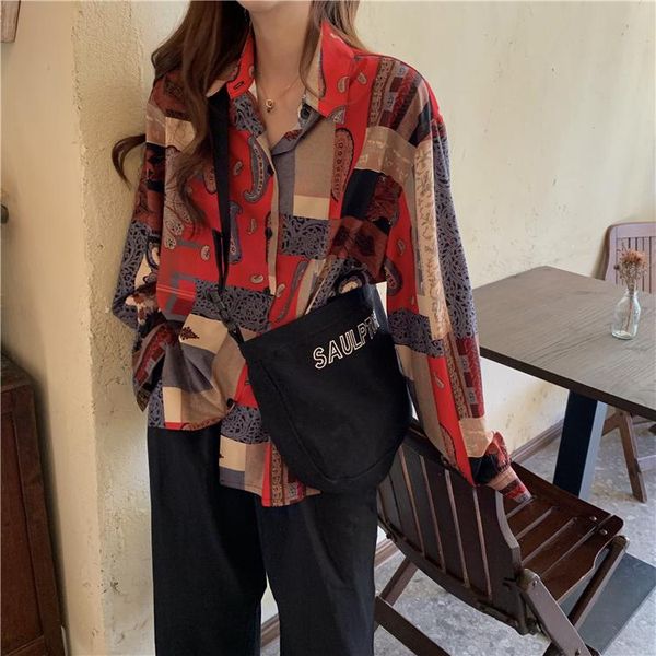 women's blouses & shirts spring autumn printed long sleeve blouse women vintage single breasted korean style, White
women's blouses & shirts spring autumn printed long sleeve blouse women vintage single breasted korean style, White