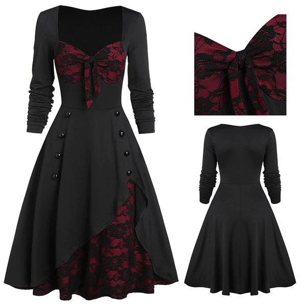cross-border court vintage lace stitching button long sleeve womens dress european and american womens clothing middle dress, White;black
cross-border court vintage lace stitching button long sleeve womens dress european and american womens clothing middle dress, White;black