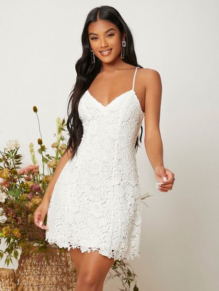 backless guipure lace cami dress n9pc#, Black;gray