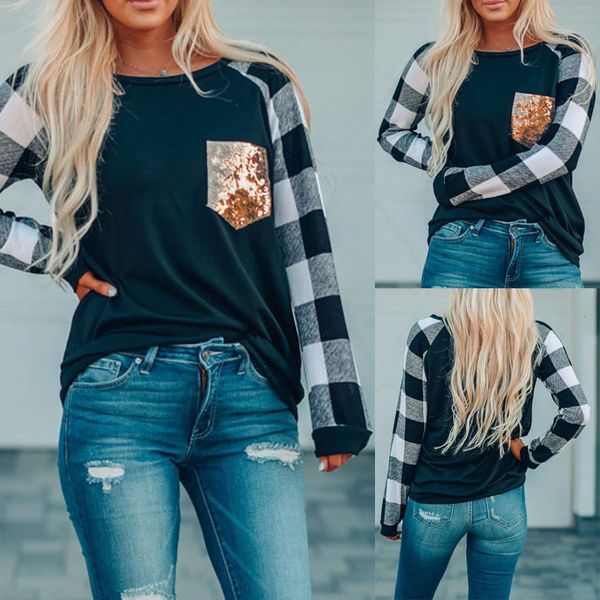 new arrival t shirt women o-neck long sleeves plaid print sequins splicing easy fall super quality camiseta mujer, White
new arrival t shirt women o-neck long sleeves plaid print sequins splicing easy fall super quality camiseta mujer, White