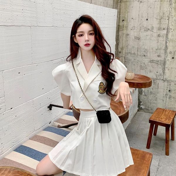 french girl's temperament short upper garment high waist pleated skirt summer suit two-piece set women suits1, White;black
french girl's temperament short upper garment high waist pleated skirt summer suit two-piece set women suits1, White;black