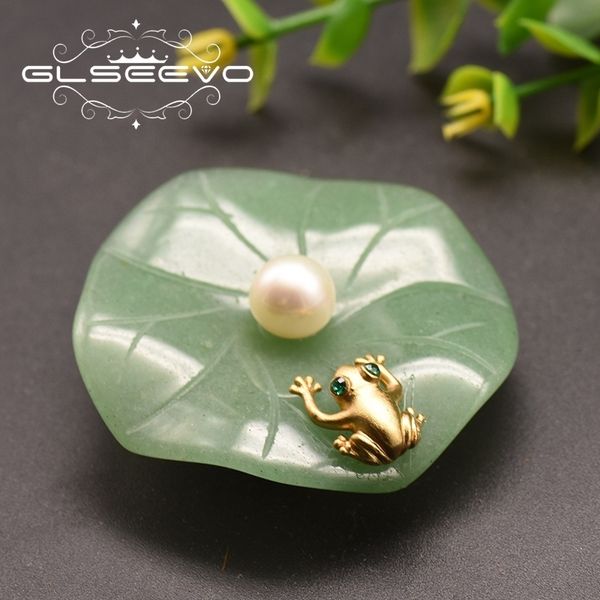 glseevo natural fresh water pearl stone lotus leaf frog brooches animal pins for women original design fashion jewelry go0051 201009, Gray