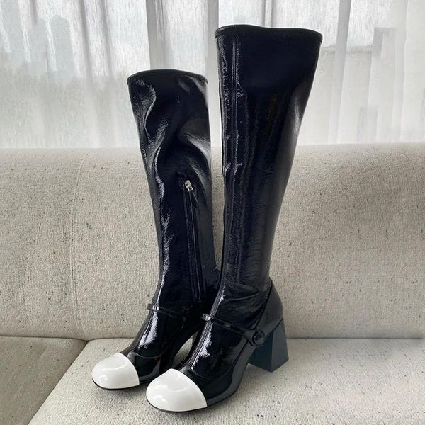boots deat 2021 autumn winter fashion black patent leather thick heel high tube round head street long women shoes sg098
boots deat 2021 autumn winter fashion black patent leather thick heel high tube round head street long women shoes sg098