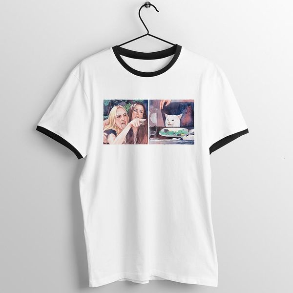 black trim t shirt meme woman yelling at a cat anime picasso painting printed tee, White;black
black trim t shirt meme woman yelling at a cat anime picasso painting printed tee, White;black