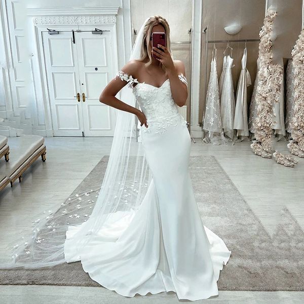romantic satin mermaid wedding dresses off shoulder lace flower wedding gowns sweep train outdooring bridal dress custom made, White
romantic satin mermaid wedding dresses off shoulder lace flower wedding gowns sweep train outdooring bridal dress custom made, White