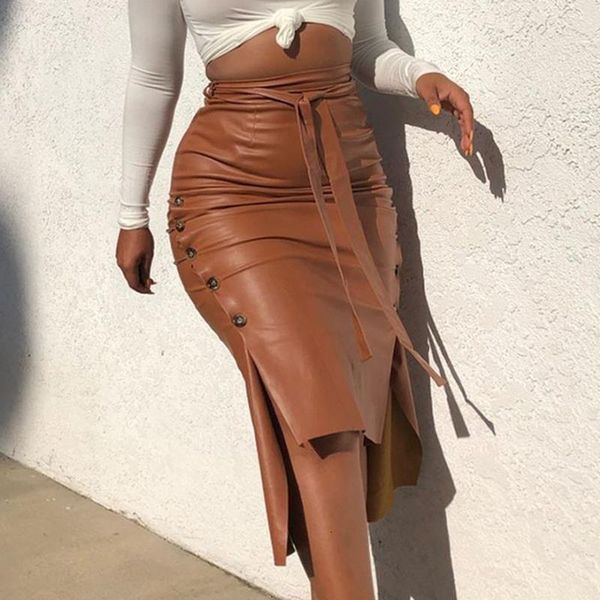 women's faux pu leather midi skirt, high waist button trim solid color slit bodycon pencil skirt with belt, Black
women's faux pu leather midi skirt, high waist button trim solid color slit bodycon pencil skirt with belt, Black