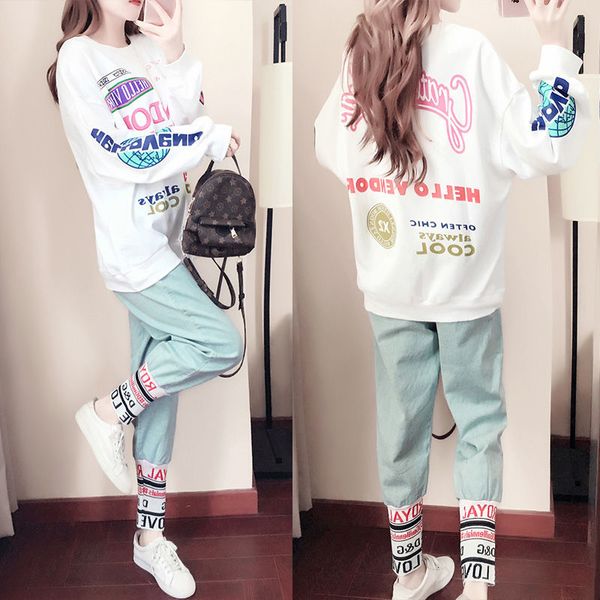 2021 new single/suit sports and leisure harvest hip-hop autumn print fashion released korean version 2 female ensemble astt, White
2021 new single/suit sports and leisure harvest hip-hop autumn print fashion released korean version 2 female ensemble astt, White
