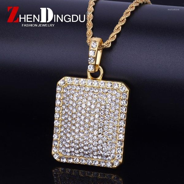 

chains men pendant full iced out rhinestone gold silver color charm square dog tag necklace with cuban chain blingbling hip hop jewelry1