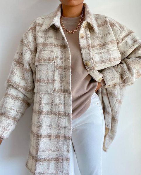 women's blouses & shirts 2021 autumn casual plaid high street style warm shirt loose drop shoulder sleeve button lapel pocket, White
women's blouses & shirts 2021 autumn casual plaid high street style warm shirt loose drop shoulder sleeve button lapel pocket, White