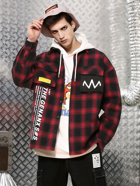 men flap pocket plaid & slogan graphic jacket z012#, Black;brown 
men flap pocket plaid & slogan graphic jacket z012#, Black;brown