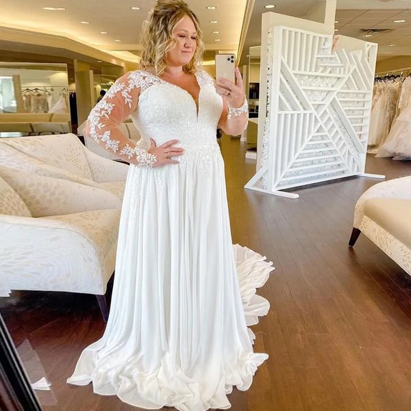 2021 new plus size wedding elegant chiffon royal train long sleeve lace appliques v-neck bridal gowns vestido de noiva mj47, White
2021 new plus size wedding elegant chiffon royal train long sleeve lace appliques v-neck bridal gowns vestido de noiva mj47, White