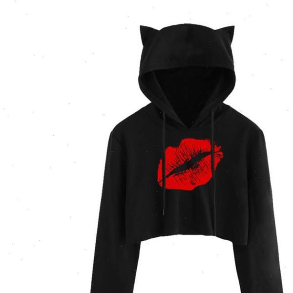 lip print hoodies teen girls cute cat ear breathable trim sweatshirt crop long sleeve pullover hoody cropped ladies pullover, Black 
lip print hoodies teen girls cute cat ear breathable trim sweatshirt crop long sleeve pullover hoody cropped ladies pullover, Black