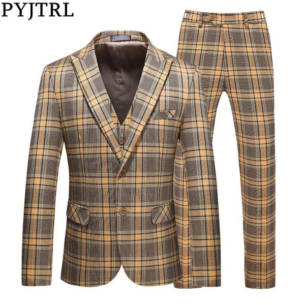 pyjtrl autumn new men's three-piece yellow plaid business casual suits korean slim wedding groom dress tuxedos, White;black
pyjtrl autumn new men's three-piece yellow plaid business casual suits korean slim wedding groom dress tuxedos, White;black