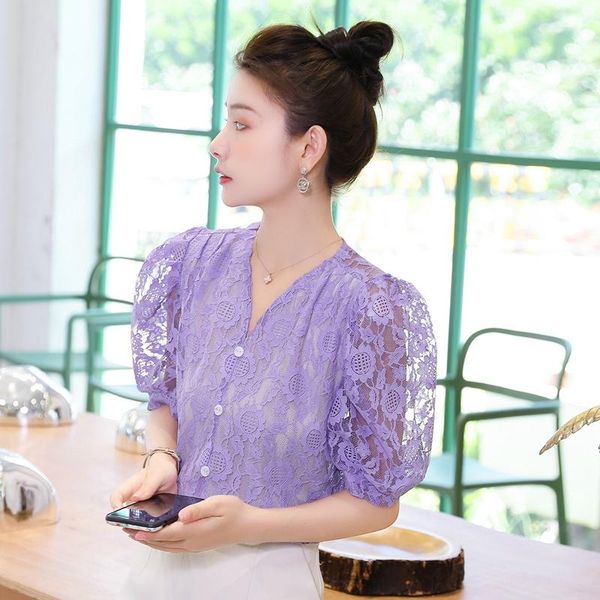 women's blouses & shirts lady v-neck solid hollow out lace women transparent back short puff sleeve summer female, White
women's blouses & shirts lady v-neck solid hollow out lace women transparent back short puff sleeve summer female, White