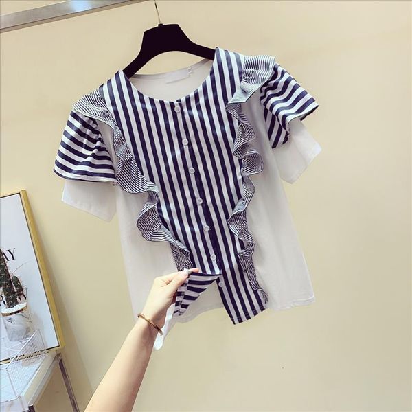2020 summer new vertical striped panel shirt womens loose fit short sleeve ruffle blouse womens blusas femme blusa mujer, White
2020 summer new vertical striped panel shirt womens loose fit short sleeve ruffle blouse womens blusas femme blusa mujer, White