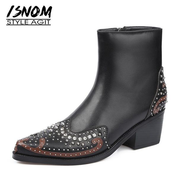 isnom rivets crystal ankle boots women genuine leather mix color cuban heel booties western zip shoes woman pointed toe 2021, Black
isnom rivets crystal ankle boots women genuine leather mix color cuban heel booties western zip shoes woman pointed toe 2021, Black