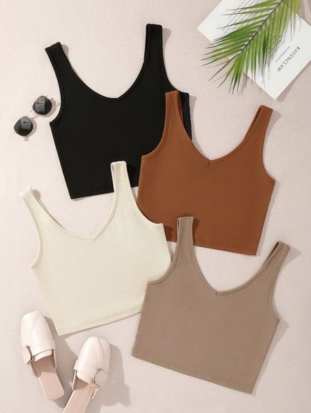 4pcs solid ribbed knit tank x57z#, White