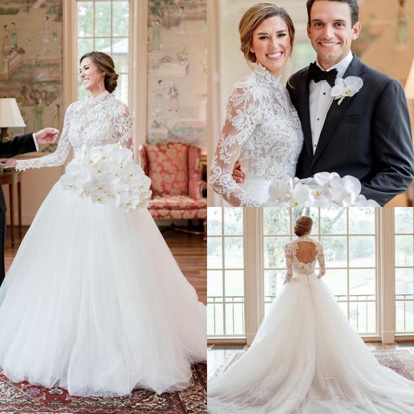 elegant long sleeves a line wedding dresses lace high neck open back tulle bridal gowns bohemian wedding dress, White
elegant long sleeves a line wedding dresses lace high neck open back tulle bridal gowns bohemian wedding dress, White