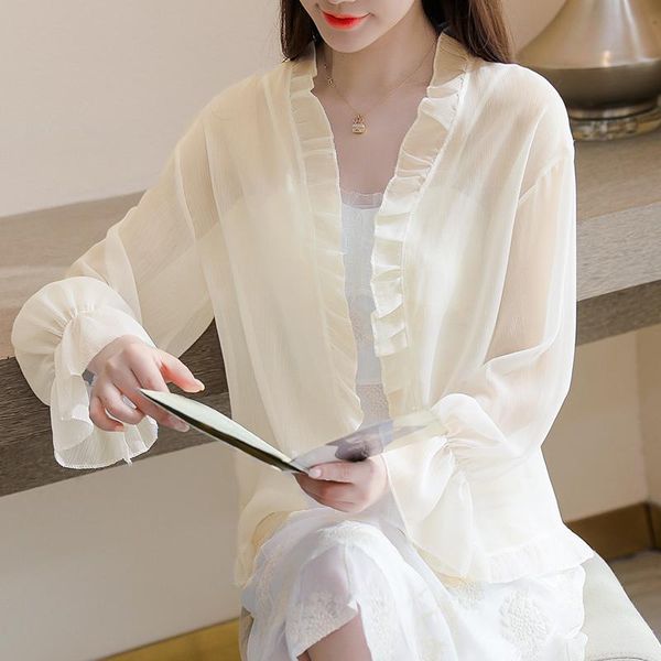 women's blouses & shirts ruffles v-neck thin chiffon cardigans lady solid summer cardigan outwear for female, White
women's blouses & shirts ruffles v-neck thin chiffon cardigans lady solid summer cardigan outwear for female, White