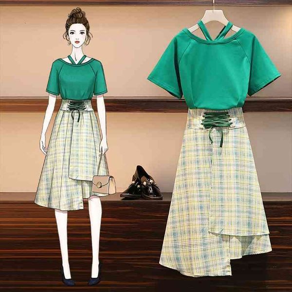 plus size women autumn loose 2 piece set outfits fashion green t-shirt irregular lace up plaid skirt female korean sets, Gray
plus size women autumn loose 2 piece set outfits fashion green t-shirt irregular lace up plaid skirt female korean sets, Gray