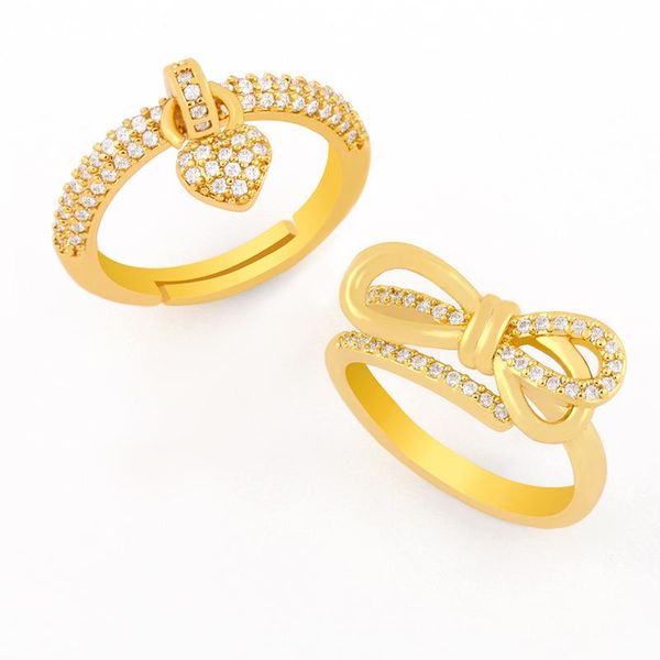 flola stone love heart charm rings for women crystal adjustable bow knot ring cz cubic zirconia gold filled jewelry gift rigj70, Golden;silver
